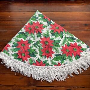 Vintage MCM Poinsettia print fringe hem oval Christmas holiday tablecloth